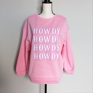 Pink and white western cowgirl Howdy fleece lined crewneck sweater size L